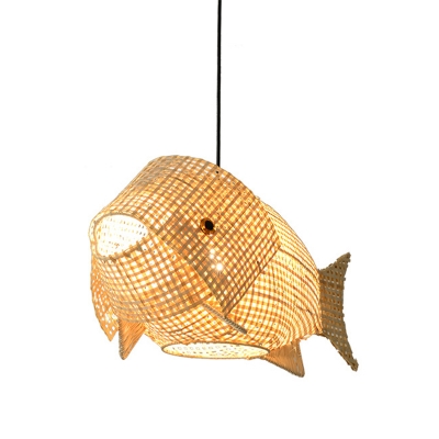Modern Fish Shaped Bamboo Suspension Pendant Light 1 Light Hanging Lamp in Beige