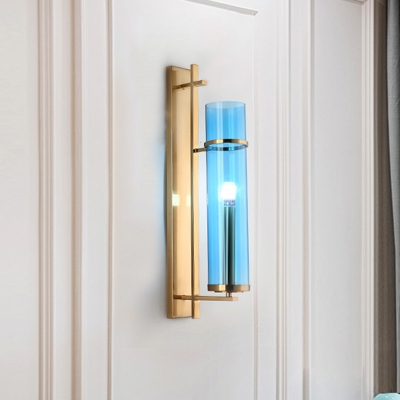 Modernism Cylindrical Wall Lamp Blue Glass 1 Bulb Living Room Sconce Light Fixture