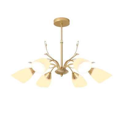 Modernist Curved Arm Chandelier Lamp Metal 3/6 Bulbs Hanging Light Fixture in Gold with White Glass Shade