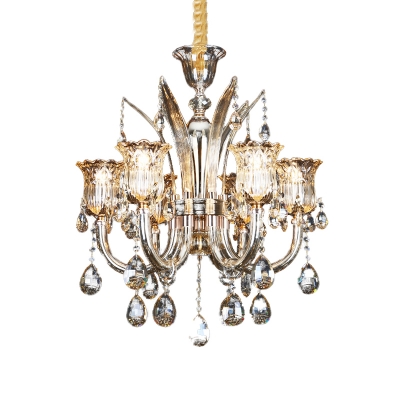 Modernist Flower Ceiling Chandelier Faceted Crystal 6/8 Bulbs Living Room Pendant Lamp in Amber