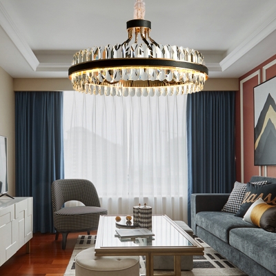 Modernist Ring Ceiling Chandelier Faceted Clear Crystal Prism LED Living Room Pendant Light Fixture in Black
