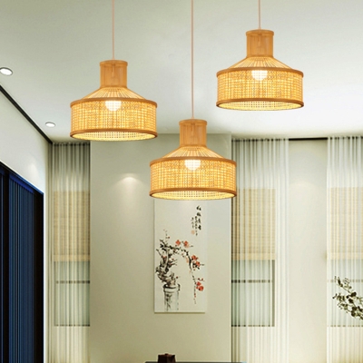 Round Bamboo Hanging Light Fixture Asia Style 1 Light Beige Pendant Lamp for Dining Room