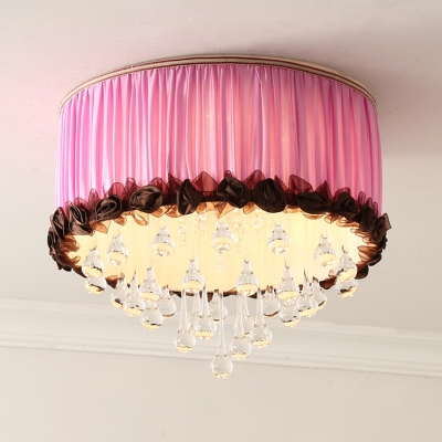 Round Fabric Flush Mount Light Contemporary Purple/Orange LED Ceiling Lighting with Crystal Drop