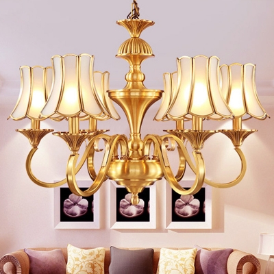 Scalloped Living Room Ceiling Chandelier Colonial Curved Frosted Glass 3/6 Heads Gold Hanging Light Fixture