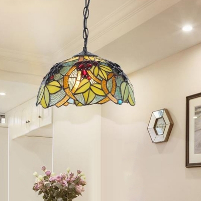 Stained Glass Dome Suspension Lighting Fixture Mediterranean 1 Light Blue/Green Drop Pendant