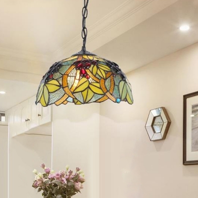 

Stained Glass Dome Suspension Lighting Fixture Mediterranean 1 Light Blue/Green Drop Pendant, HL580829