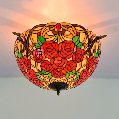 Stained Glass Floral Ceiling Fixture Victorian 5 Lights Brass Flush Mount Light for Bedroom
