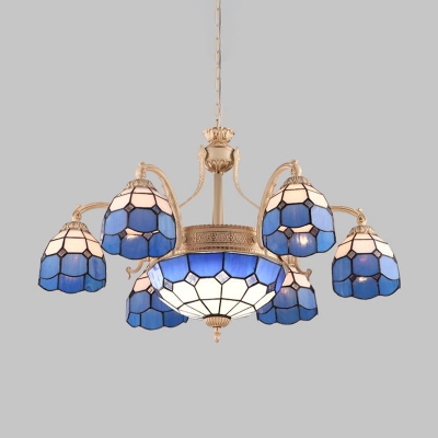 Stained Glass Grid Patterned Chandelier Light Fixture Tiffany 9/11 Lights Yellow/Blue Pendant Lighting Fixture