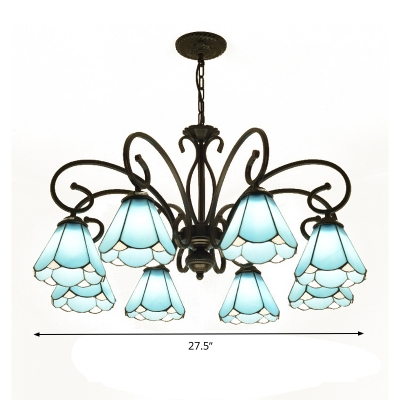 Tiffany Cone Pendant Chandelier 3/5/6 Lights Blue Glass Ceiling Suspension Lamp in Black for Living Room