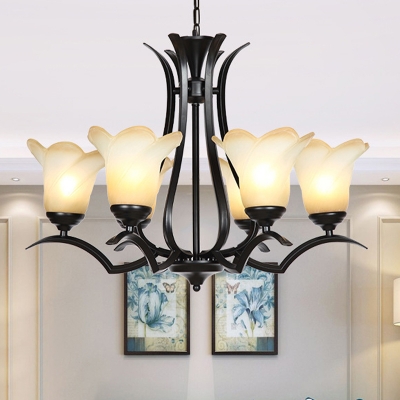 Traditional Floral Chandelier Lighting Fixture 3/6/8 Heads White Glass Pendant Ceiling Light in Black