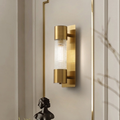 Traditionalism Cylinder Wall Mount Lamp 1 Head Crackle Glass Wall Sconce in Gold, 15