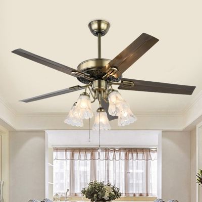 Vintage Bloom Ceiling Fan 5 Lights Milk Glass Semi Flush Light in Brass, Remote/Remote and Wall Control