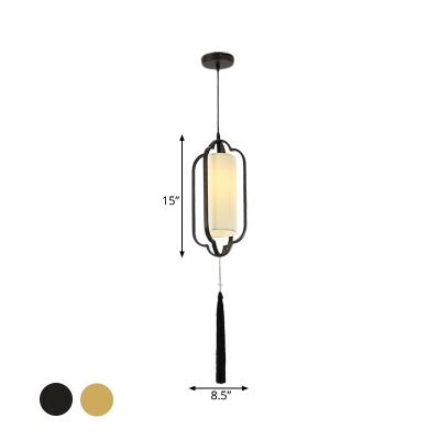 Vintage Caged Hanging Pendant 1 Head Opal Frosted Glass Suspended Lighting Fixture in Black/Brass for Dining Room
