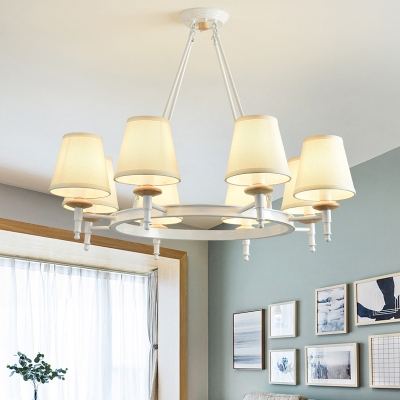 Wheel Chandelier Lamp Modern Style Metal 8 Lights White Ceiling Pendant Light with Cone Fabric Shade