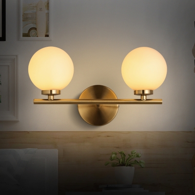 White Glass Spherical Wall Lighting Contemporary 2 Heads Sconce Light Fixture in Gold