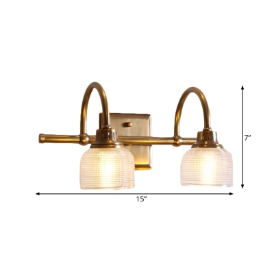 1/2/3-Light Metal Vanity Light Fixture Retro Brass Dome Bathroom Wall Mount Lamp with Ribbed Glass Shade