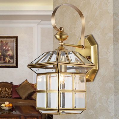 1-Head Brass Wall Light Traditionalism Lantern Metal Wall Sconce Lighting for Living Room