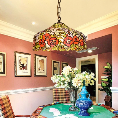 1 Light Ceiling Pendant Tiffany Petal Stained Art Glass Hanging Light Kit in Red for Living Room