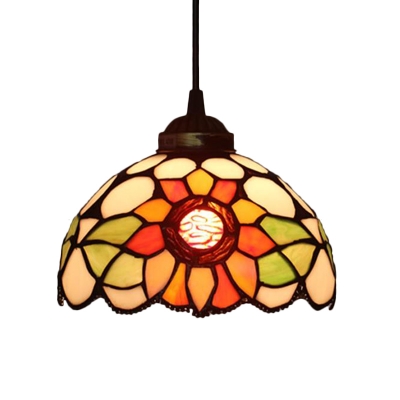 1 Light Flower Pendant Lighting Fixture Victorian Beige/Red/Pink Stained Glass Drop Lamp for Dining Room