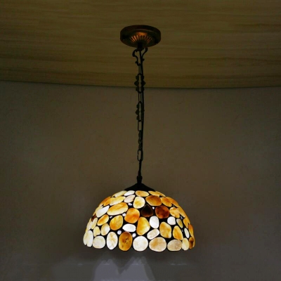 1 Light Suspension Light Tiffany Domed Shade Colorful Stone Ceiling Lamp in Black for Living Room