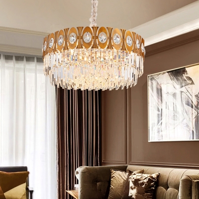 12 Heads Drum Hanging Ceiling Light Postmodern Gold Crystal Block Chandelier Lamp
