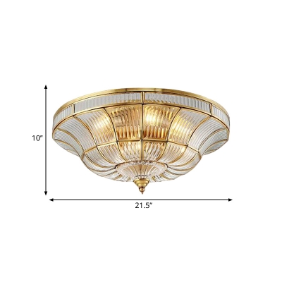 3/6 Lights Living Room Ceiling Mounted Fixture Classic Brass Flush Mount Light with Bowl Clear Ribbed Glass Shade, 15
