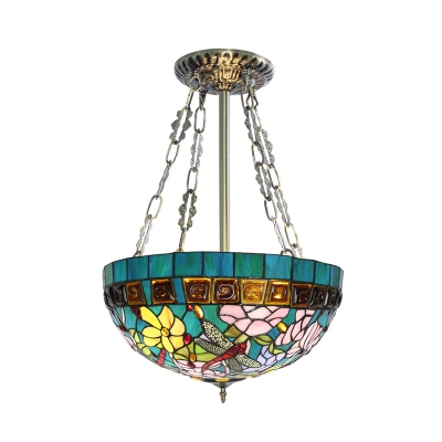 3 Heads Living Room Semi Flush Mount Light Tiffany Blue Ceiling Lamp with Dome Stained Glass Shade
