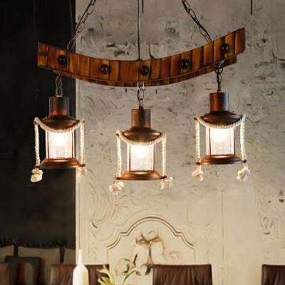 3 Lights Clear Glass Chandelier Light Industrial Style Dark Brown Kerosene Dining Room Pendant Lamp