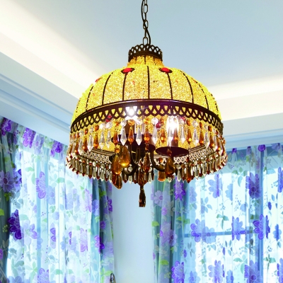 3 Lights Dome Hanging Ceiling Light Traditional Yellow Crystal Drop Chandelier Light Fixture
