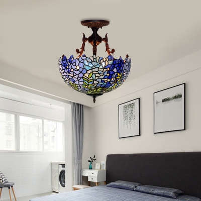 3 Lights Domed Semi Flush Mount Lighting Mediterranean Blue/Light Blue Stained Glass Ceiling Flush for Bedroom