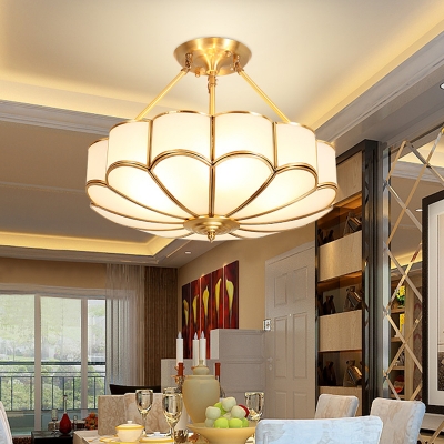 4/6 Bulbs Scalloped Semi Flush Mount Traditionalist Brass Metal Ceiling Lamp with Curved Frosted Glass Shade, 18