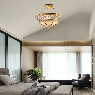 4-Light Bowl Semi Flush Light Traditional Gold Frosted Glass Ceiling Mounted Fixture for Living Room