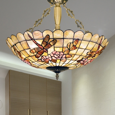 4 Lights Dragonfly Semi Flush Mount Light Brass Shell Ceiling Fixture for Bedroom