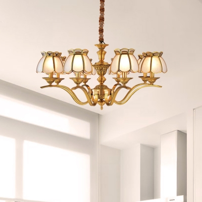 6 Heads Bowl Chandelier Lighting Colonial Frosted Glass Pendant Light Fixture in Brass with Curved Metal Arm