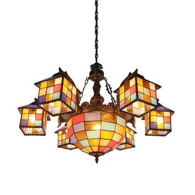 7 Lights Living Room Chandelier Lighting Mediterranean Black Pendant Lamp with House/Bell Cut Glass Shade