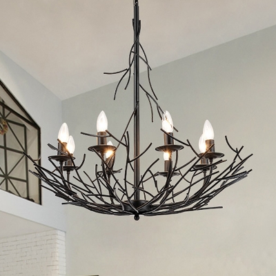 8-Light Metallic Chandelier Lamp Vintage Black Nest Shape Hanging Ceiling Pendant