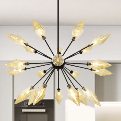 9/12/15-Head Living Room Chandelier Light Mid-Century Amber/Clear Hanging Fixture with Diamond Ribbed Glass Shade
