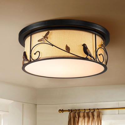 Black LED Flush Mount Fixture Countryside Fabric Bird/Deer Ceiling Mounted Light for Living Room