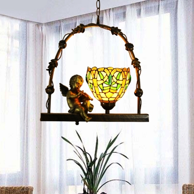 Bowl Hanging Light Fixture 1 Light Cut Glass Tiffany Style Pendant Lamp in Red/Green with Angel Deco