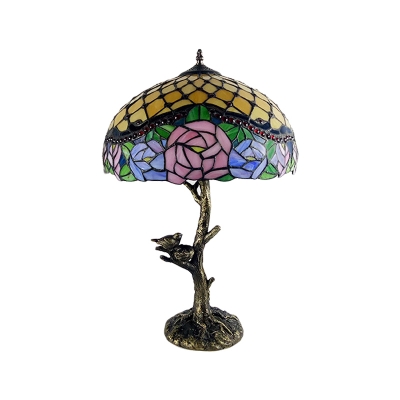 Brass 1 Head Reading Light Tiffany Multicolored Stained Glass Leaf/Peony/Rose Desk Light for Bedside