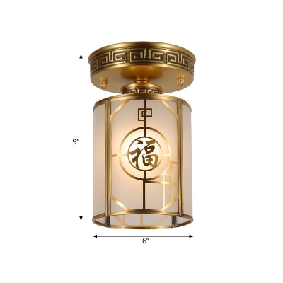 Brass 1 Light Ceiling Lamp Traditional Curved Frosted Glass Cylinder Semi Flush Mount Ceiling Light for Corridor
