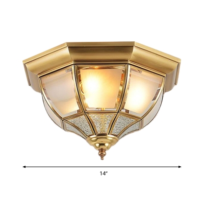 Brass 3/4 Heads Flush Mount Lamp Traditional Sandblasted Glass Bowl Ceiling Fixture for Living Room, 14