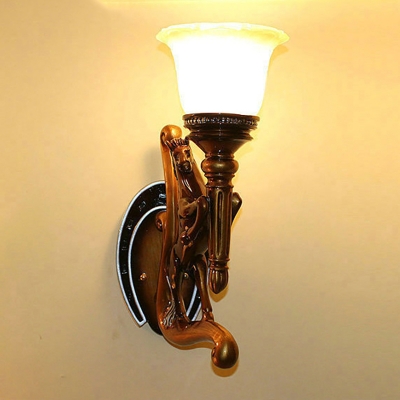 Brown Horse Wall Sconce Lodge Style Resin 1 Head Foyer Wall Light Fixture with Amber Glass Bell Shade