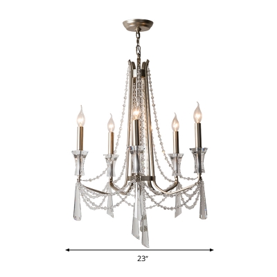Classic Candle Pendant Chandelier 5/6 Lights Crystal Hanging Lamp Kit in Chrome for Living Room