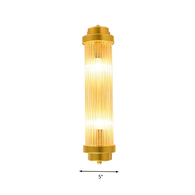 Clear Glass Gold Wall Mount Lighting Cylinder 2 Bulbs Traditional Flush Wall Sconce for Bedroom