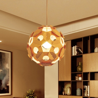 Contemporary 1 Bulb Hanging Lamp Beige Sphere Suspension Pendant Light with Wood Shade