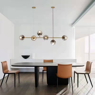 Contemporary 6 Heads Island Light Gold Spherical Pendant Lighting Fixture with Smoked Glass Shade