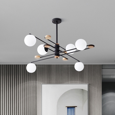 Contemporary Spherical Chandelier Lamp White Glass 6 Bulbs Ceiling Hanging Light in Grey/Black