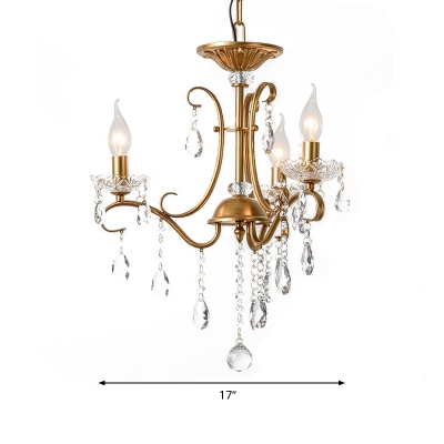 Curved Arm Pendant Chandelier Traditionary Metal 3/6 Heads Brass Ceiling Hanging Light with Clear Crystal Drop, 17