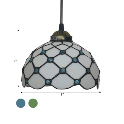 Dome/Flower Suspension Lighting Fixture 1 Light Beige/Blue/Green Glass Mediterranean Hanging Pendant Light